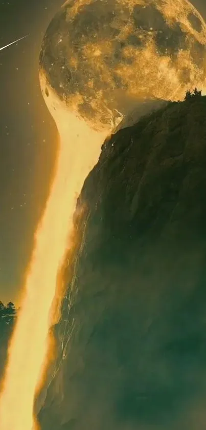 A glowing moon pouring a luminous waterfall over a cliff at night with stars.