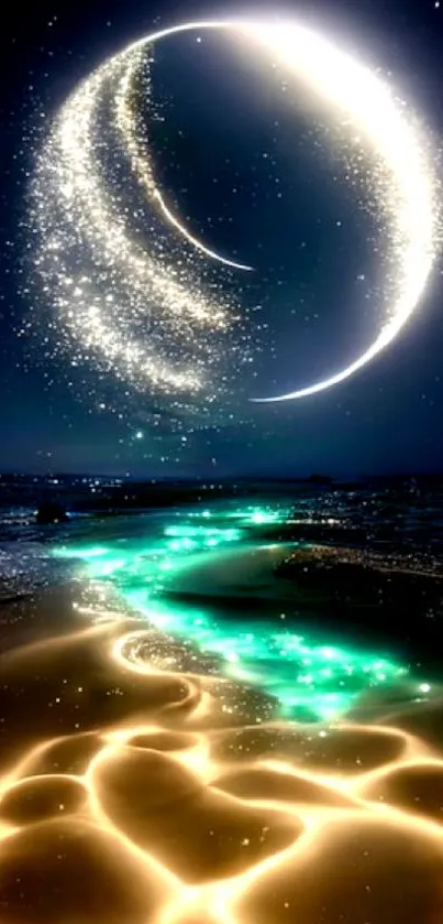 Ethereal crescent moon over glowing beach at night.