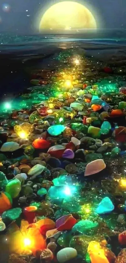 Magical pathway of glowing gems under a full moon, radiant with colors and light.