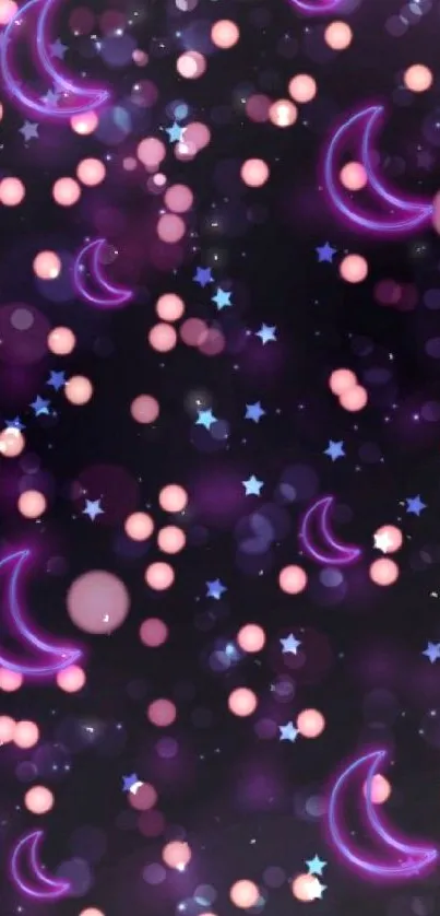 Moonlit wallpaper with crescent moons and stars on a dark purple background.