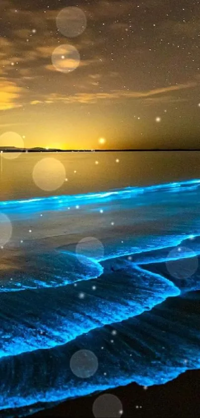 Bioluminescent waves under a starry sky at night on a tranquil beach.