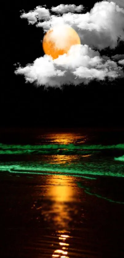 Full moon illuminating an ocean with luminous waves.