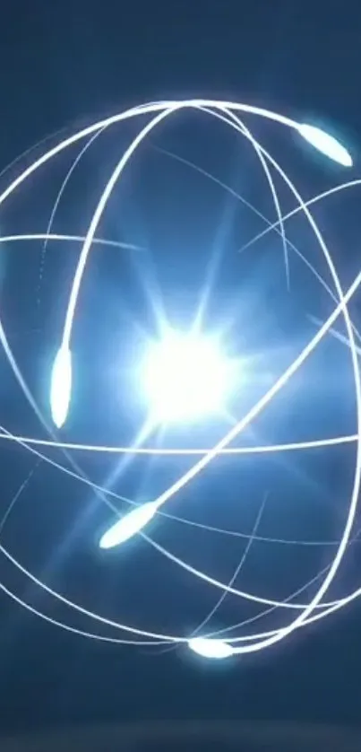 Futuristic glowing orb with dynamic light trails on a dark blue background.