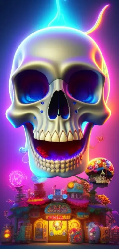 Neon skull floating above a colorful, whimsical house with vibrant energy.