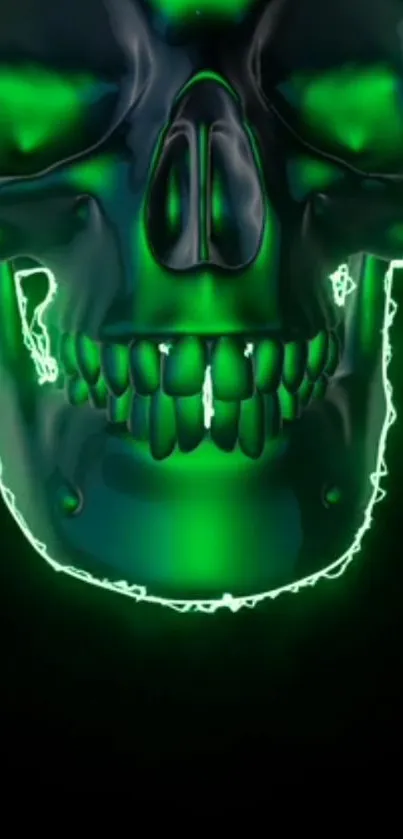 Neon skull with glowing green highlights on dark background.