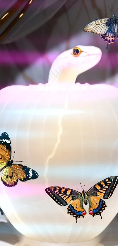 Glowing snake with butterflies on a luminous background.