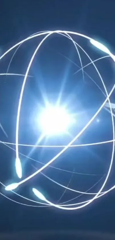 Luminous sphere with glowing lines in a dark blue background.