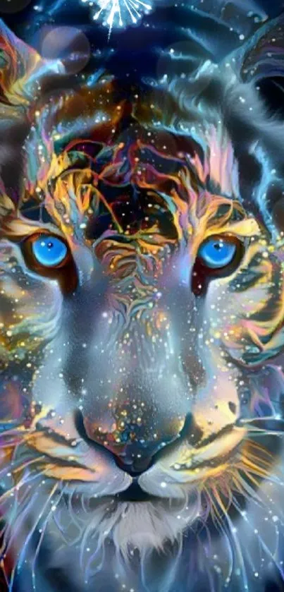 Colorful neon tiger with blue eyes as phone wallpaper.