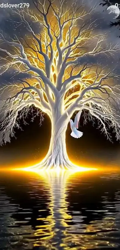Luminous tree with glowing reflection in water.