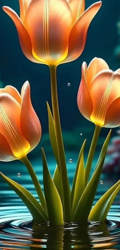 Luminous tulips in a fantasy-themed art design with water reflection.