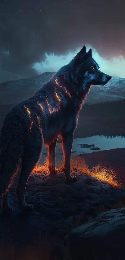 Glowing wolf standing on rocky terrain under a starry night sky.