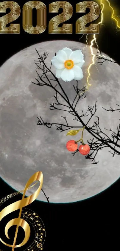 2022 wallpaper featuring moon, music note, flower, and lightning.