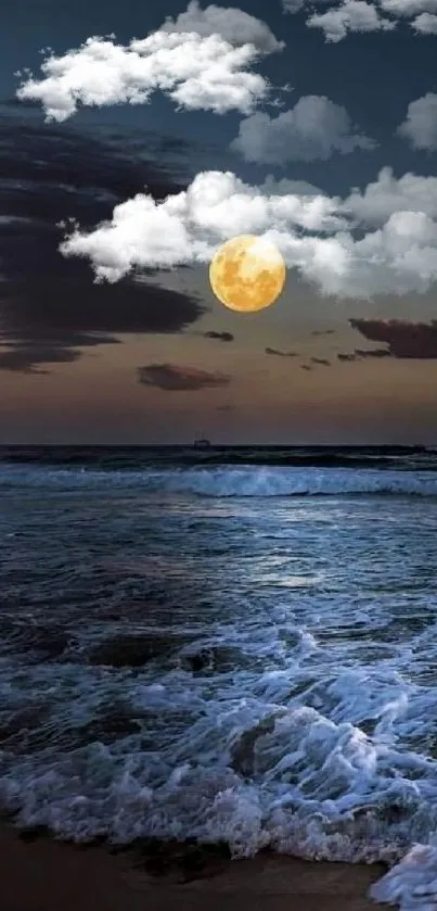 Serene beach at night with a full moon reflecting on the ocean waves.