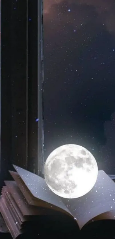 Luminous moon resting on an open book against a starry night sky.