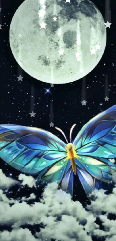 Vibrant butterfly under a glowing full moon in the night sky.