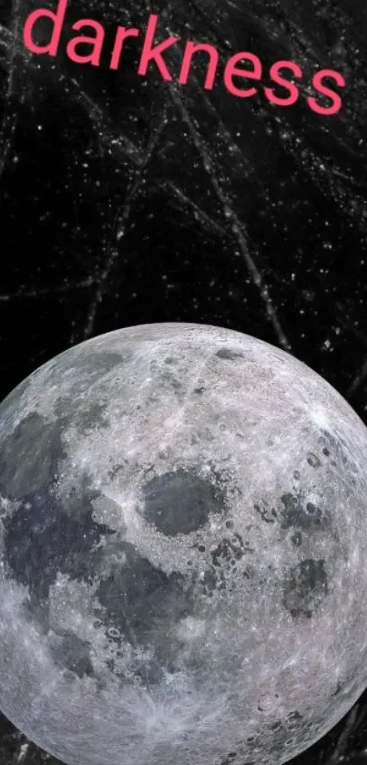 Moon against a black starry sky with 'darkness' text in pink lettering.
