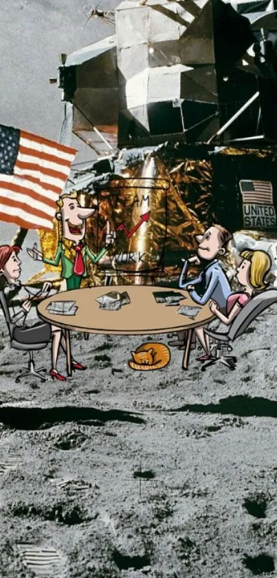 Cartoon dinner scene on the moon with lunar module backdrop.