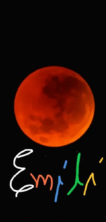 Vivid lunar eclipse with colorful text on black background.