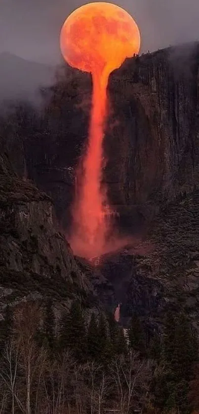 Orange moon firefall cascading down a mountainous landscape at dusk.