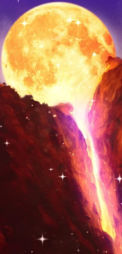 Fiery waterfall beneath glowing full moon.