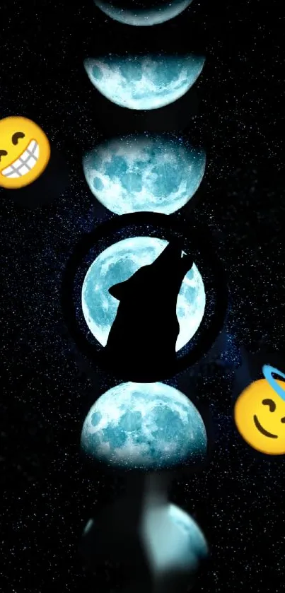 Lunar phases with wolf silhouette and emojis on dark blue background.