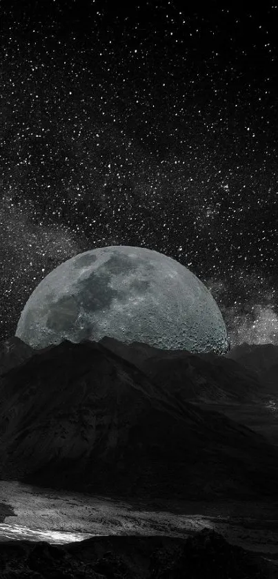 Lunar landscape with moon and stars in a dark night sky.