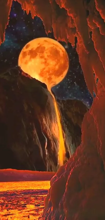 Moon and lava fantasy landscape with glowing night sky.