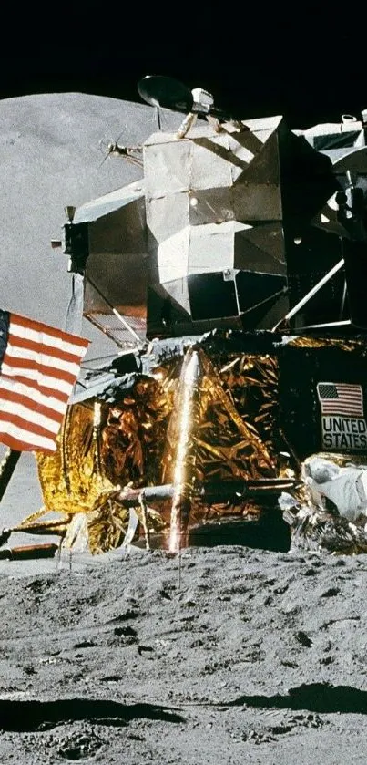 Apollo lunar module with US flag on moon surface.