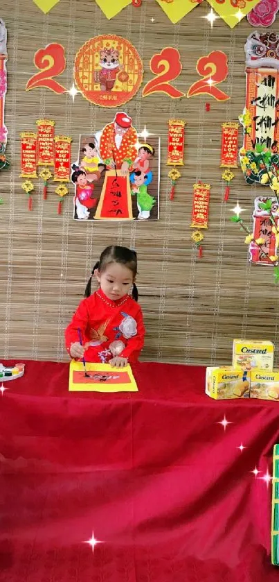 Vibrant Lunar New Year celebration with traditional Vietnamese decorations and a child.