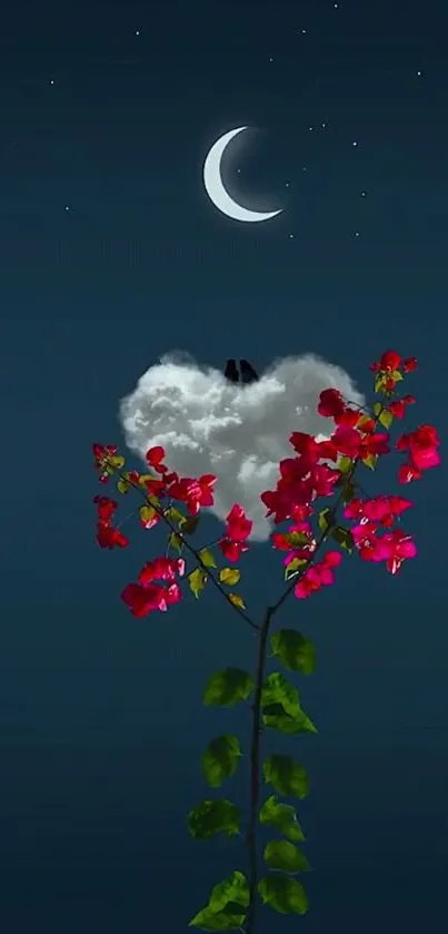 A crescent moon, red flowers, and cloud on a dark night sky wallpaper.