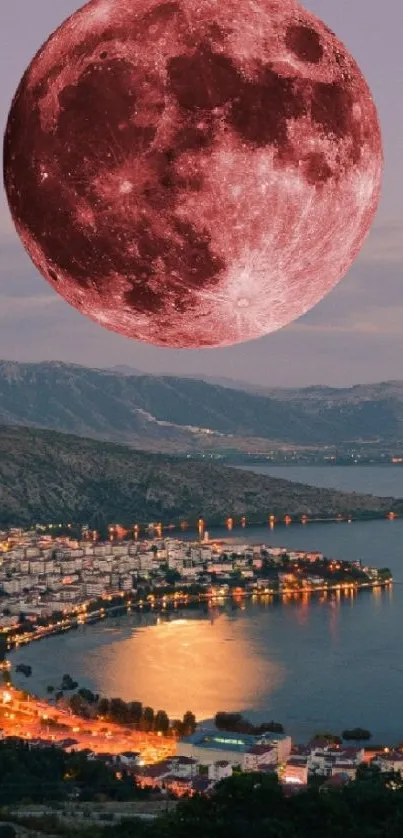 Full moon over a city at night, casting a red glow.