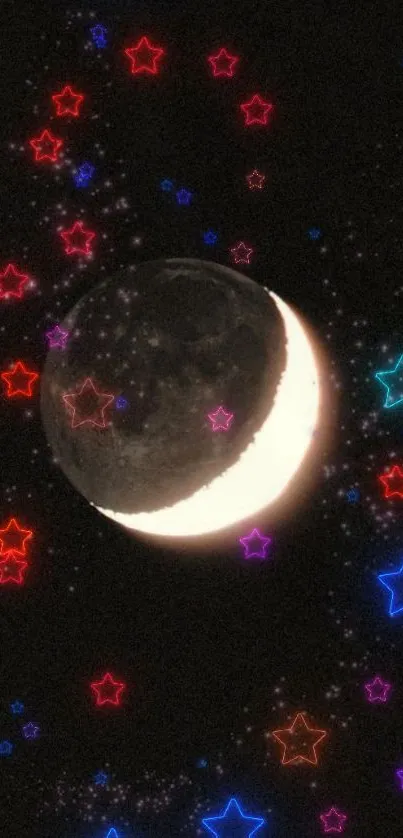 Crescent moon with colorful stars wallpaper.