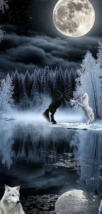 Mystical forest landscape with wolves under a full moon.