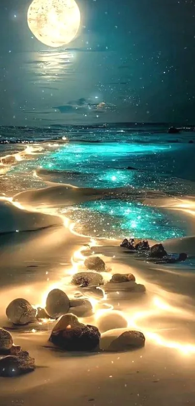 Moonlit beach path with glowing water under a serene night sky.