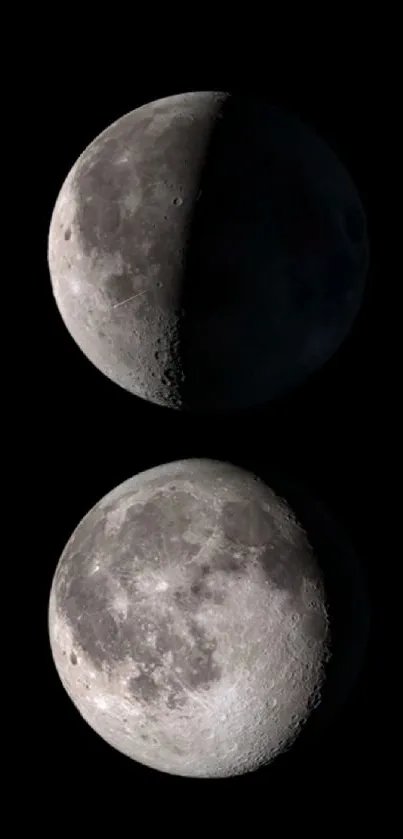 Dual moon phase wallpaper on black background.