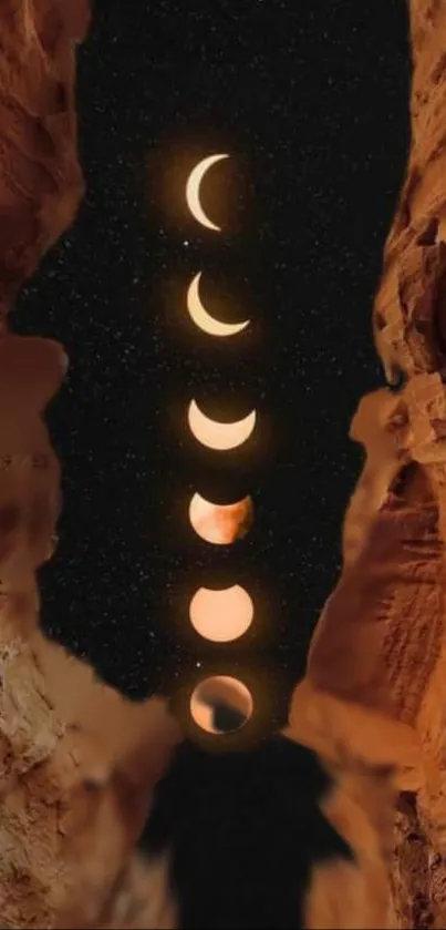 Mobile wallpaper with lunar phases between canyon walls.