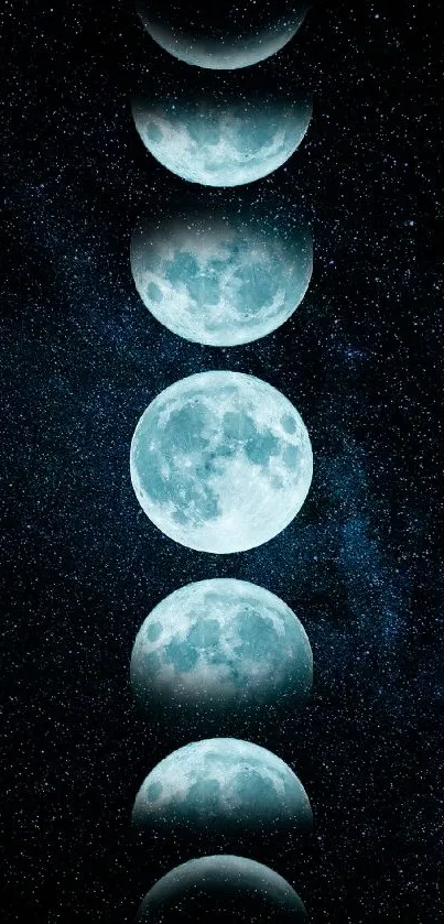 Lunar phases on a dark blue galaxy background.