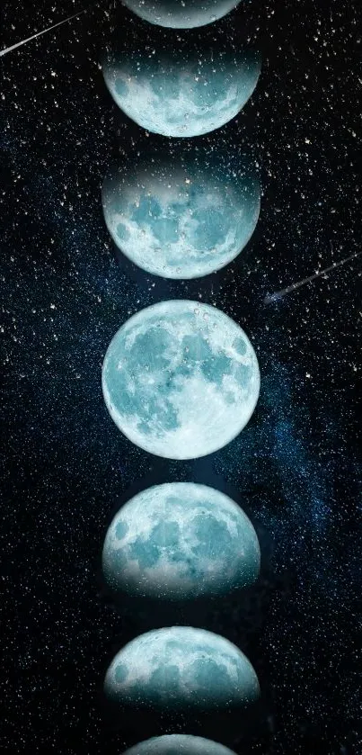 Lunar phases displayed in the night sky with stars on a phone wallpaper.