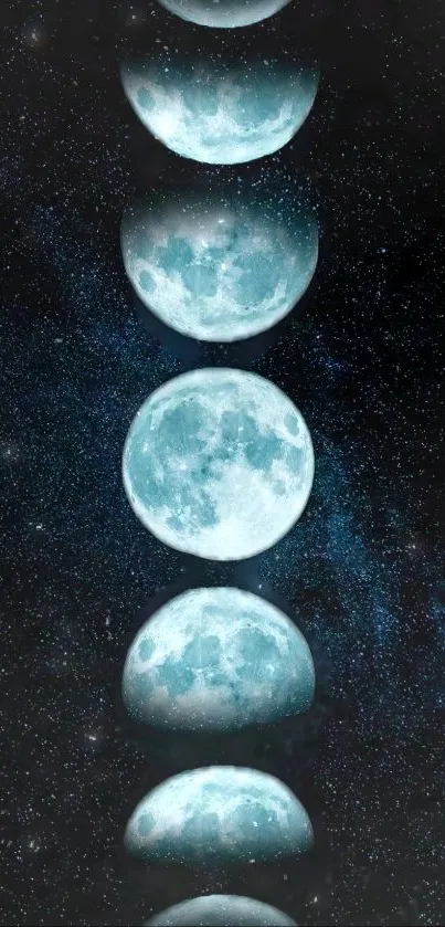 Mobile wallpaper featuring moon phases against a starry dark blue sky.