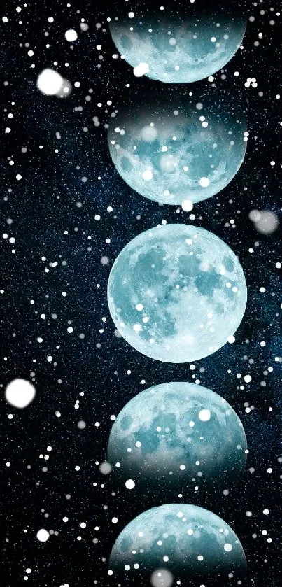 Moon phases with falling snow over a starry background.