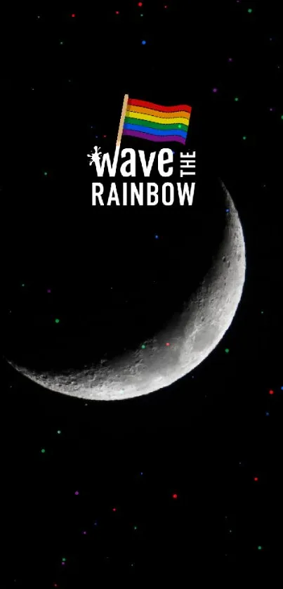 Crescent moon with rainbow flag in night sky wallpaper.