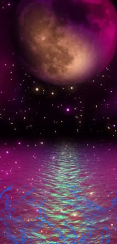 Fantasy wallpaper with moon, stars, and pink waters.