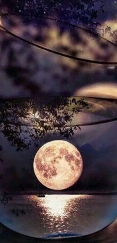 Full moon reflecting in a tranquil night scene.