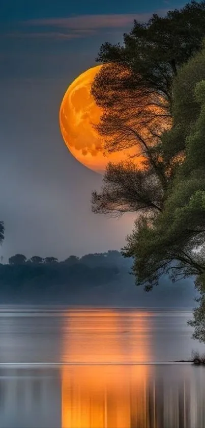 Orange moon reflecting on a tranquil lake with lush trees.