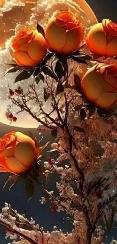 Orange roses in moonlit night mobile wallpaper.