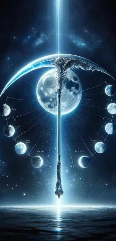 Scythe with moons in cosmic space art.