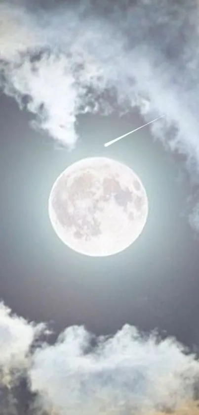 Full moon in a cloudy night sky with a shooting star.