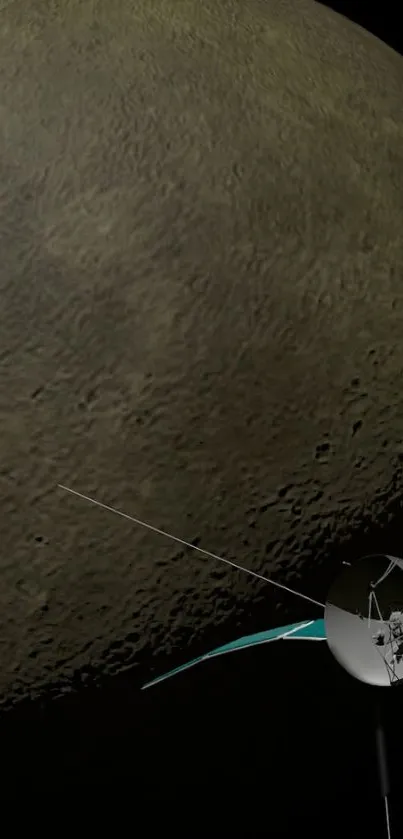 Spacecraft orbiting the dark gray surface of the moon.