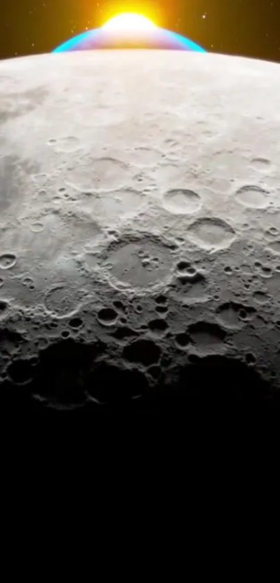 Gray lunar surface with sunrise view.