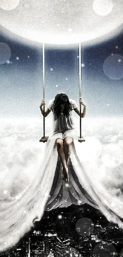 Girl on a celestial swing beneath the moon in a fantasy art scene.